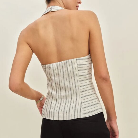 BEST Reformation Tate Linen Top Sz2 Elsie Stripe Black Cream Halter Casual - Picture 3 of 10